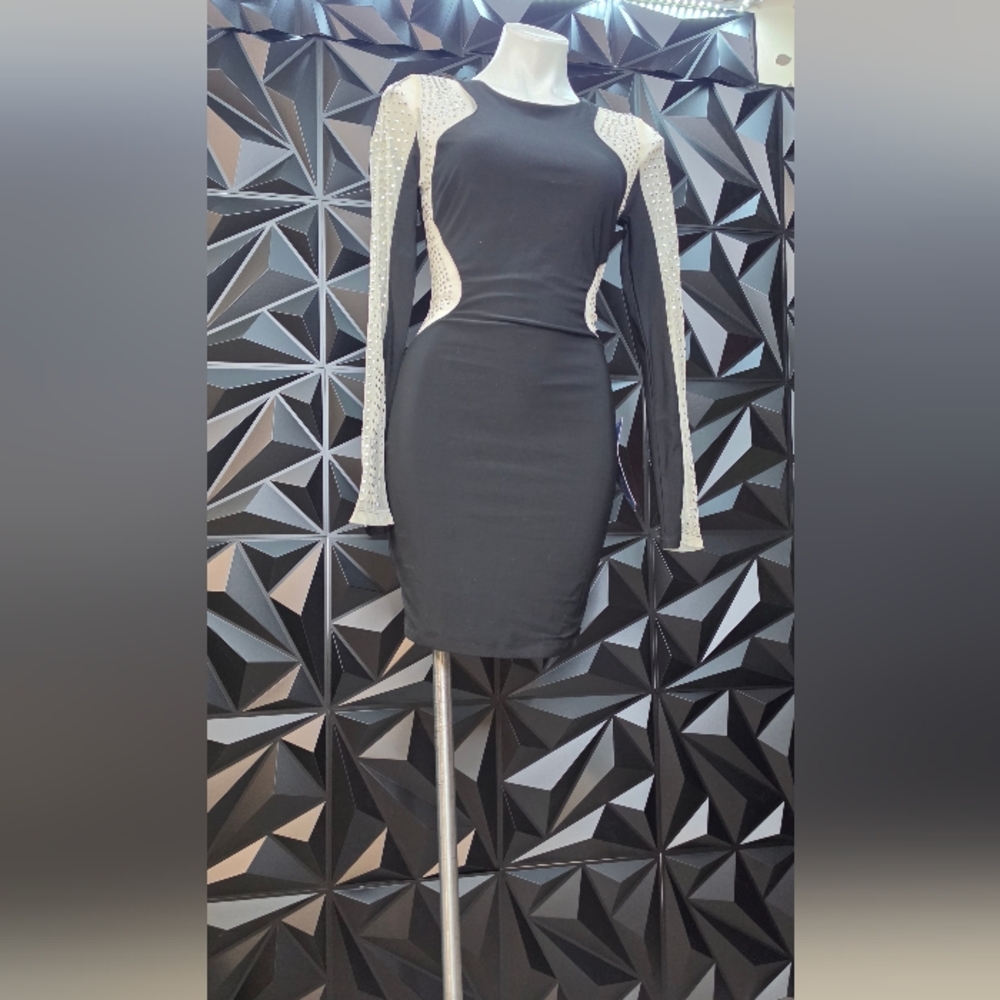 Symphony Black Bodycon Long Sleeve Dress with Silver Embellished Panels